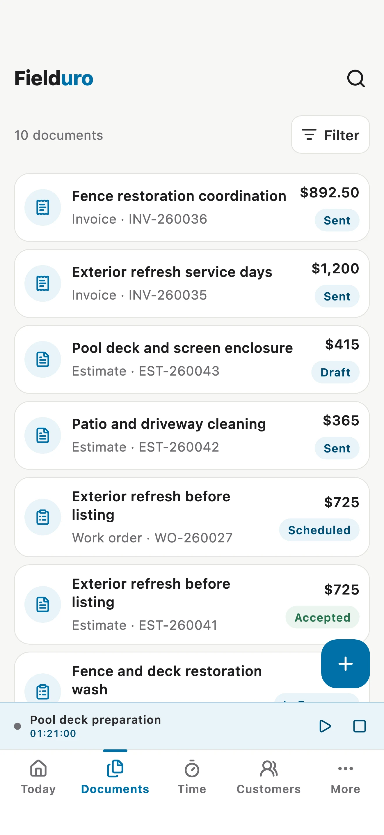 Fielduro document list on iPhone, showing estimates, invoices and work orders